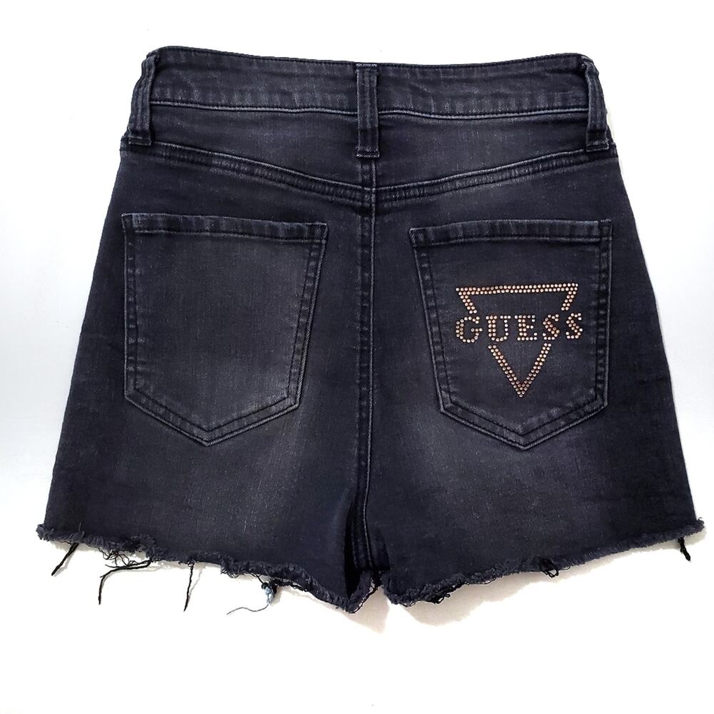 Guess | High Waist Distressed Button Up Shorts with Rhinestone Logo on Back - Picture 3 of 9